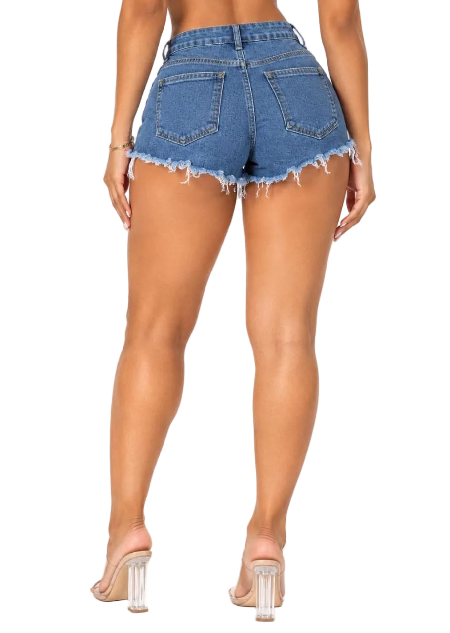 Blue Oakley Rhinestone Fringe Distressed Denim Shorts