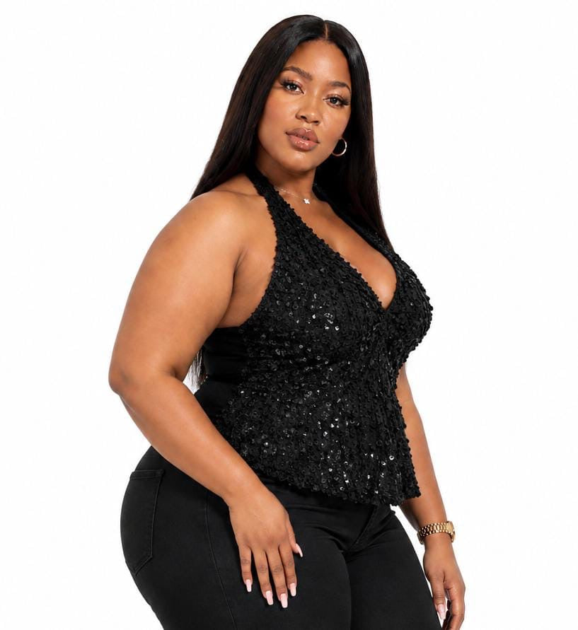 Black Violet Plus Size Sequin Halter Top