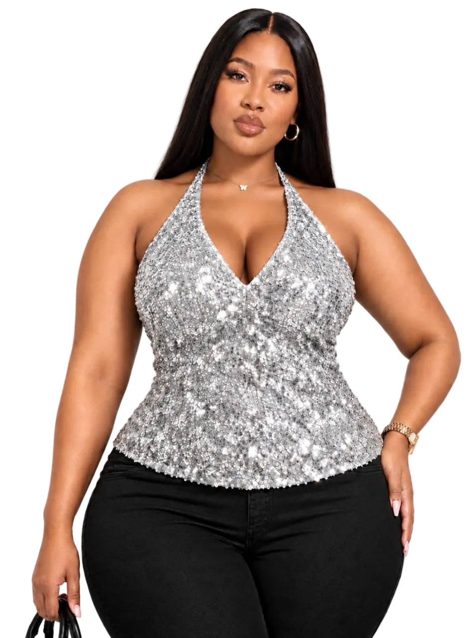 Silver Violet Plus Size Sequin Halter Top