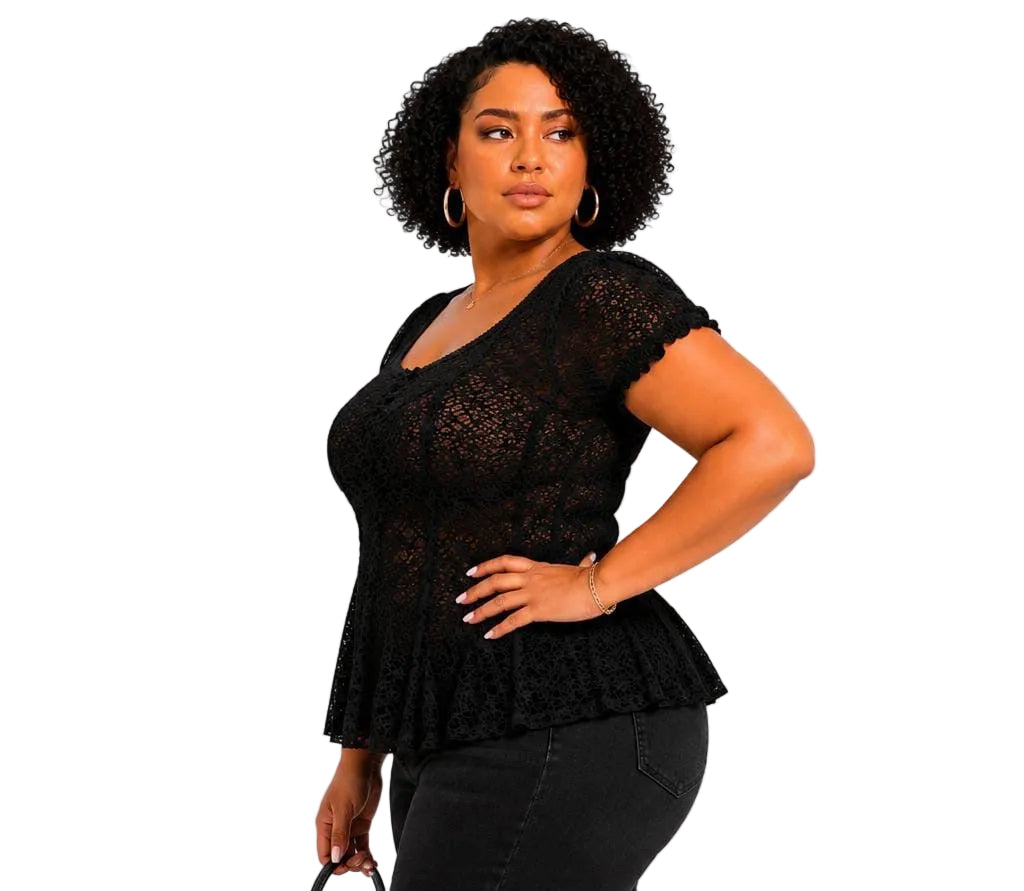 Black Lace Amelia Peplum Plus Size Top