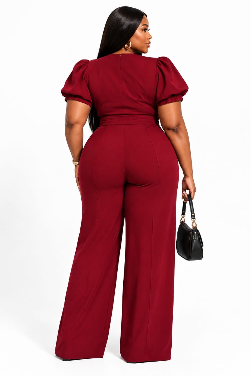 Burgundy Ivy Plus Size Puff Sleeve Wide-Leg Jumpsuit