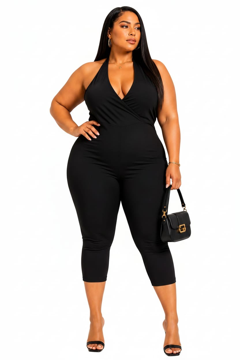 Black Zoey Plus Size Halter Cropped Jumpsuit