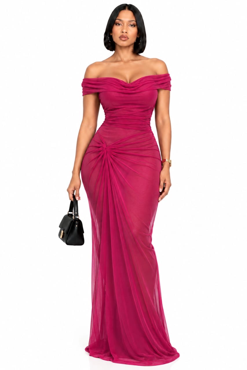 Magenta Gia Off-Shoulder Ruched Maxi Dress