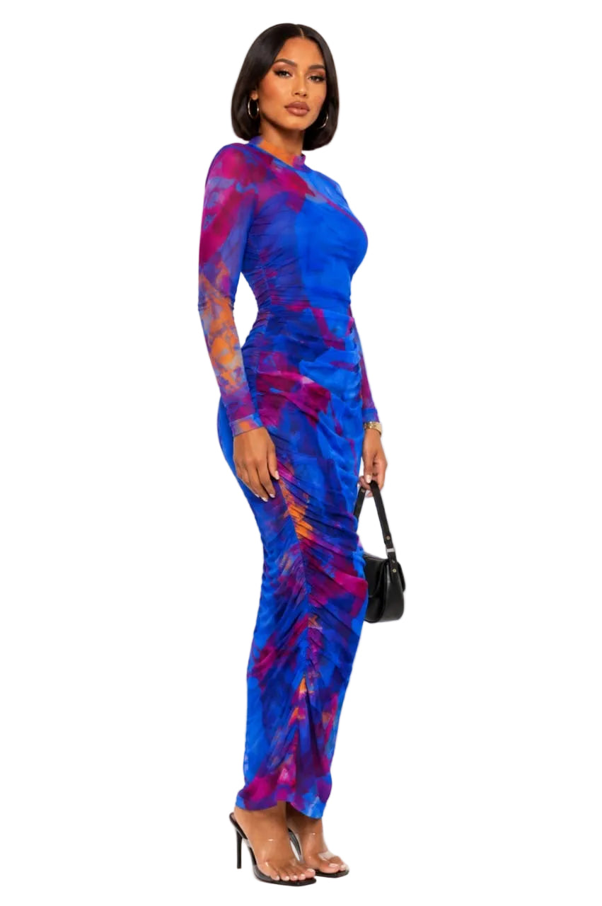 Royal Blue Chloe Abstract Mesh Ruched Midi Dress