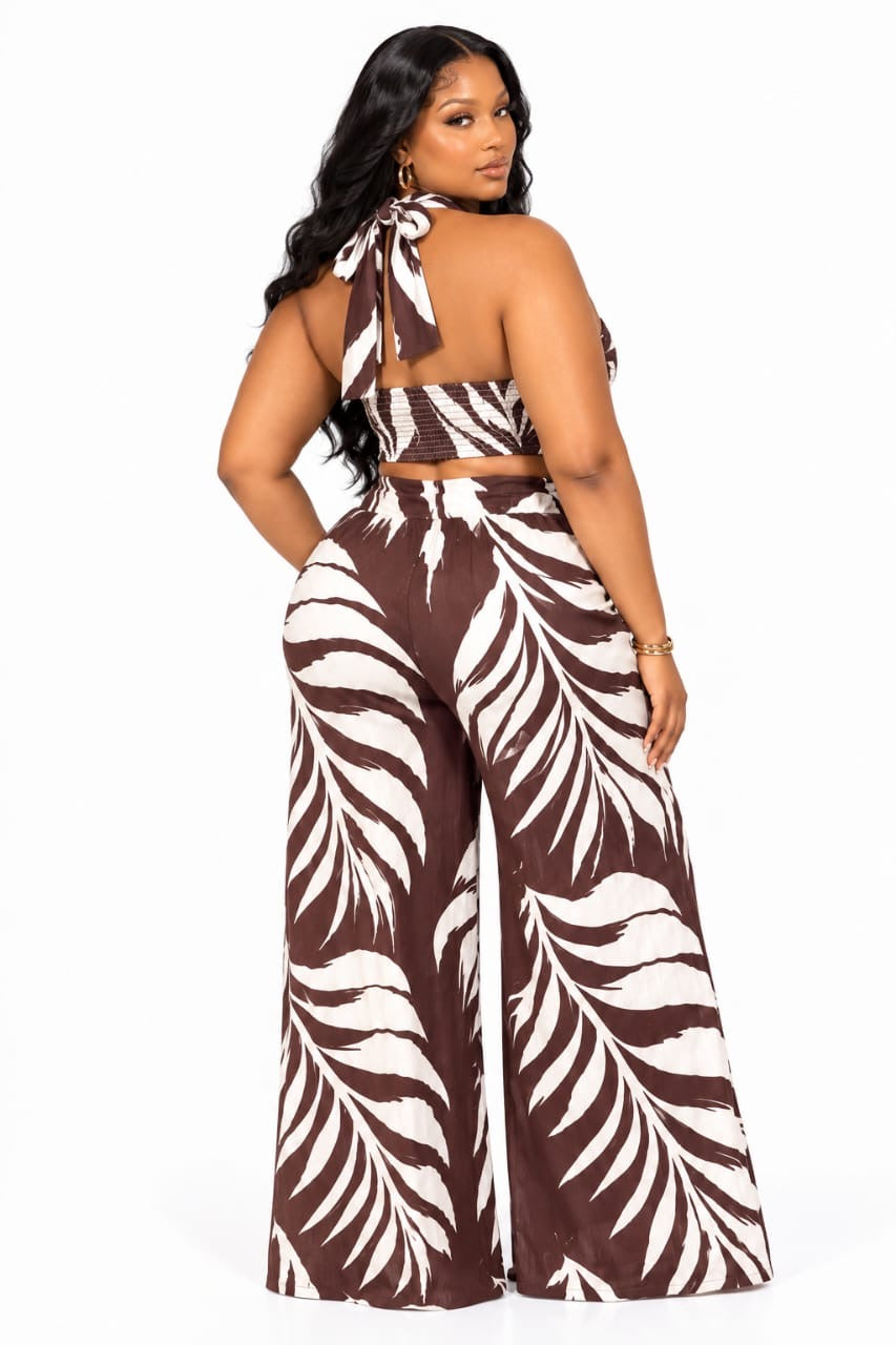 Brown Liana Tropical Leaf Halter Vest &amp; Wide-Leg Pants Set