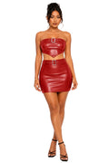 Red Avery Faux Leather Buckle Bandeau Top &amp; Mini Skirt Set