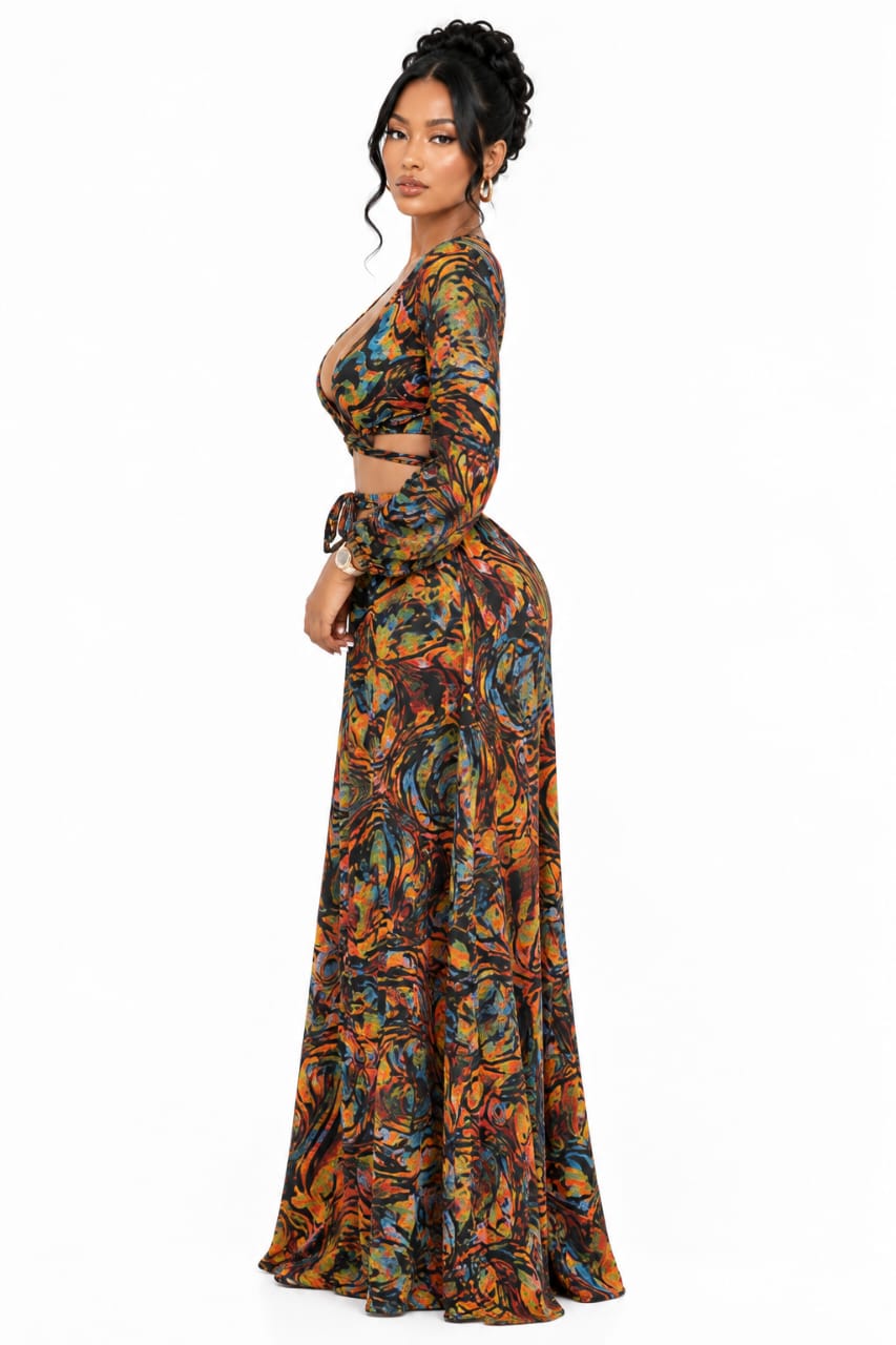 Multicolor Aria Abstract Print Crop Top &amp; Wide-Leg skirt Set