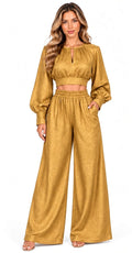 Gold Cora Textured Crop Top & Wide-Leg Pants 2 Piece Set