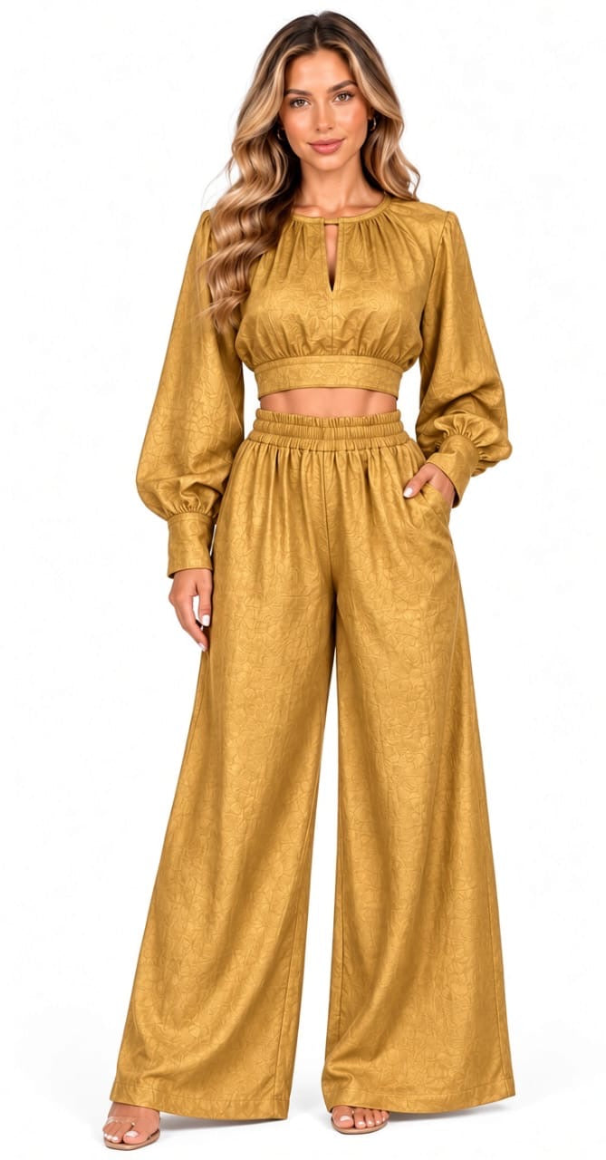 Gold Cora Textured Crop Top & Wide-Leg Pants 2 Piece Set