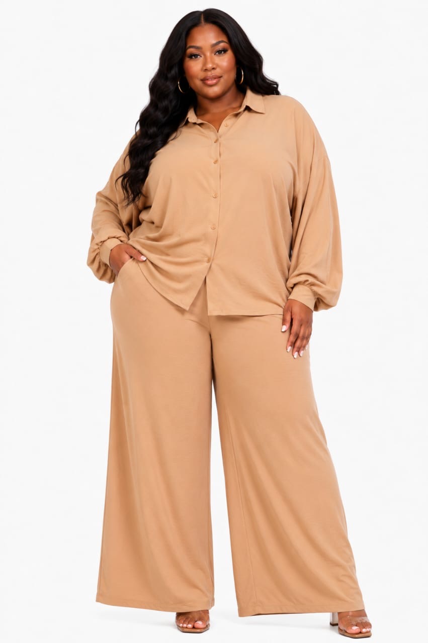 Camel Aria Button-Up Top &amp; Wide-Leg Pants Set