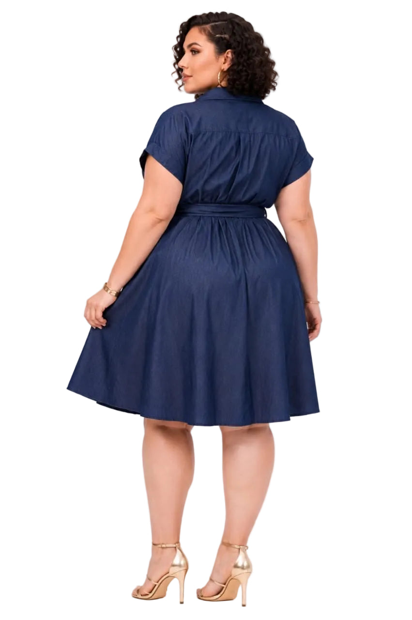 Dark Wash Dalia Plus Size Belted Denim Shirt Dress