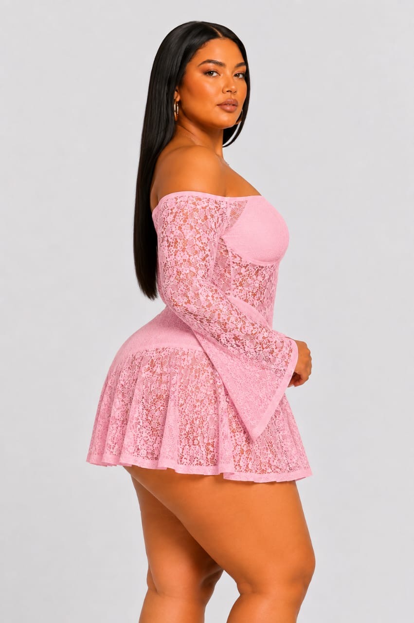 Pink Lace Off-Shoulder Brielle Plus Size Mini Dress
