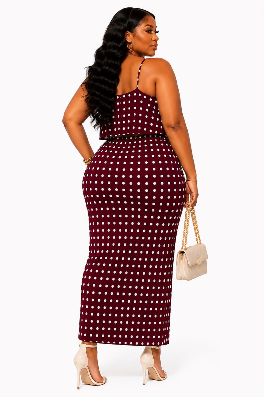 Burgundy Hazel Plus Size Polka Dot Crop Top Midi Skirt Set