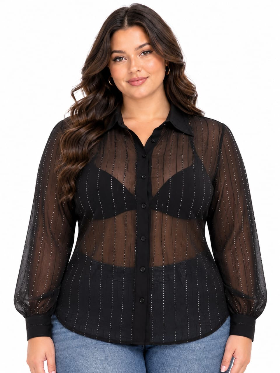 Black Cora Sheer Sparkle Button-Up Top