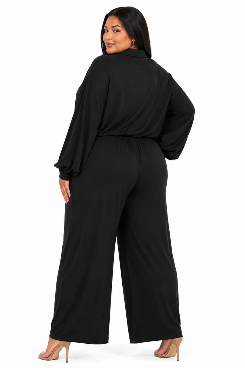 Black Aria Button-Up Top &amp; Wide-Leg Pants Set