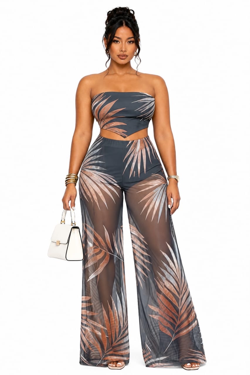 Tropical Mackenzie Strapless Crop Top &amp; Sheer Wide-Leg Pants Set