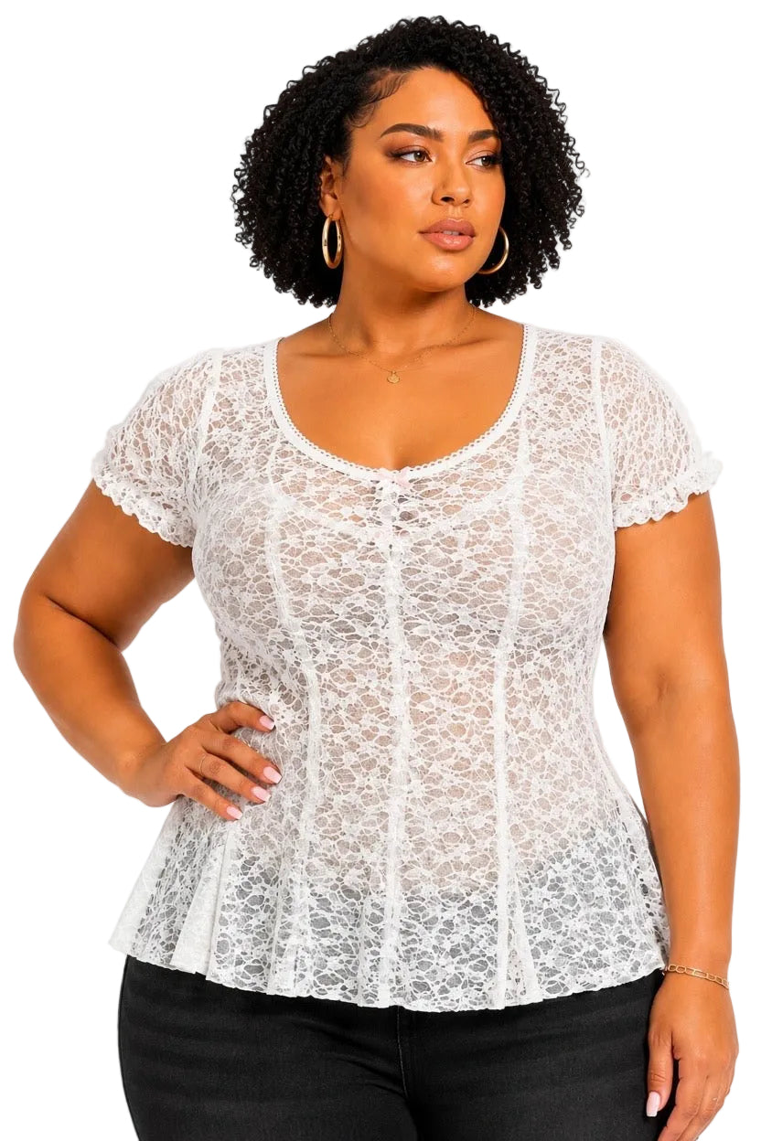 White Lace Amelia Peplum Plus Size Top