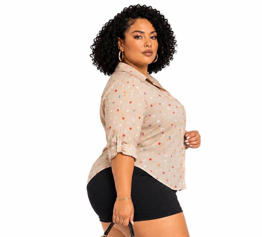 Beige Blair Plus Size Multicolor Polka Dot Button-Up Shirt