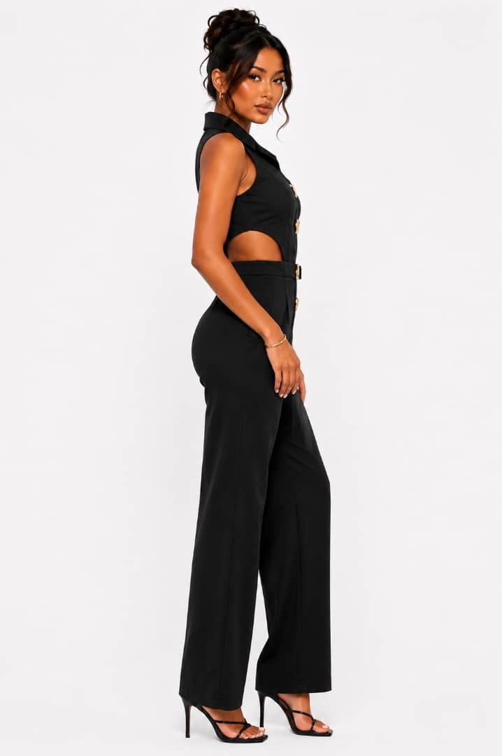 Black Emily Gold Button Cutout Jumpsuit