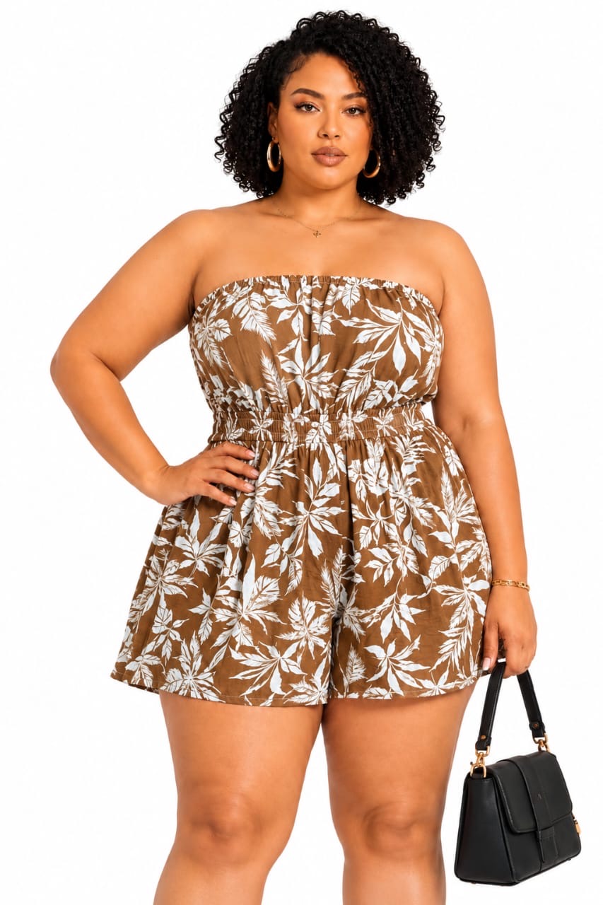 Mocha Nova Plus Size Tropical Strapless Romper