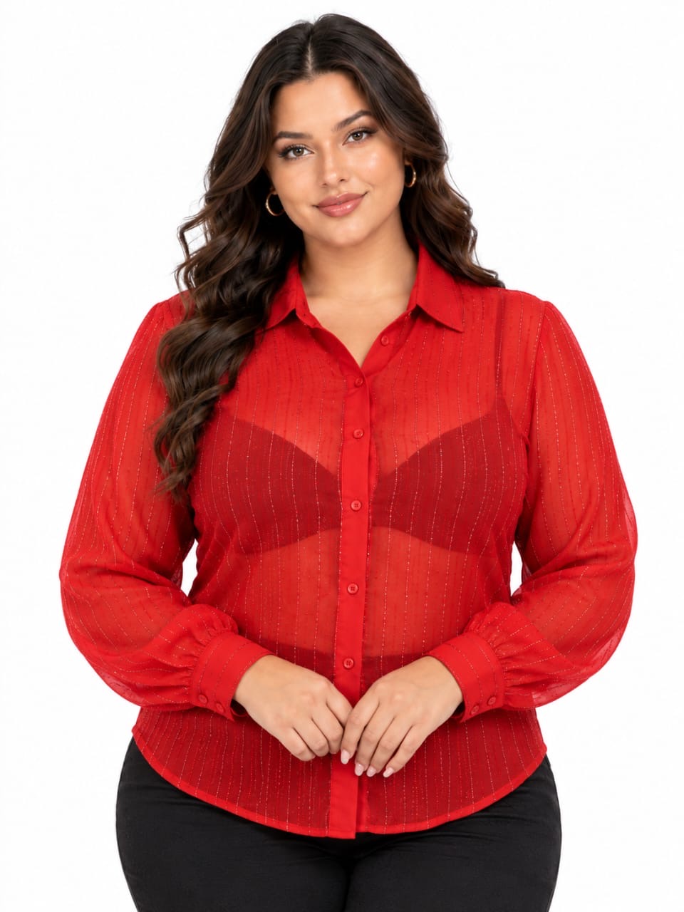 Red Cora Sheer Sparkle Button-Up Top