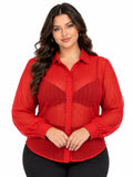 Red Cora Sheer Sparkle Button-Up Top