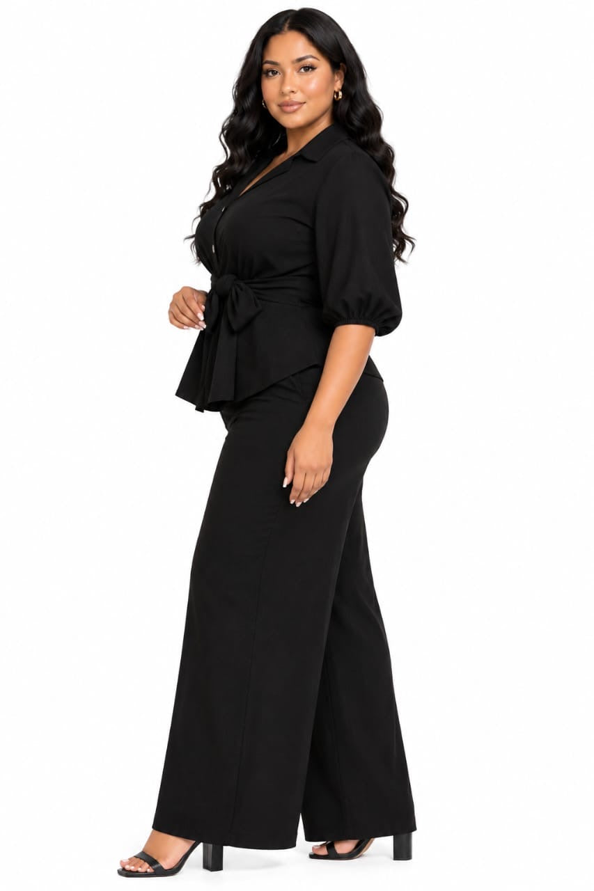 Black Zara Tie-Front Peplum Top &amp; Wide-Leg Pants Set