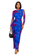 Royal Blue Chloe Abstract Mesh Ruched Midi Dress