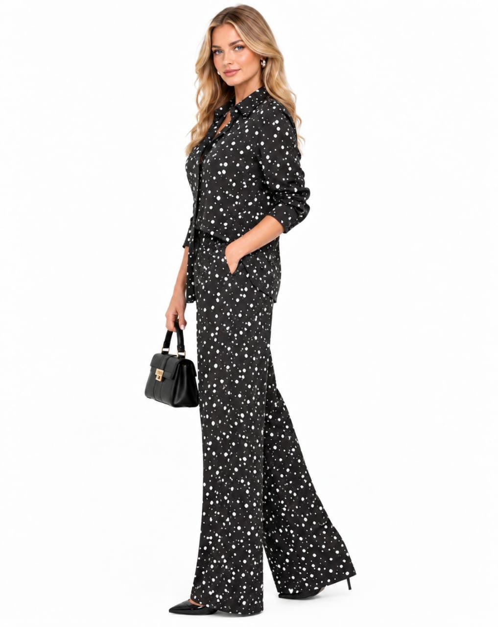 Black Sloane Polka Dot Shirt &amp; Wide-Leg Pants Set