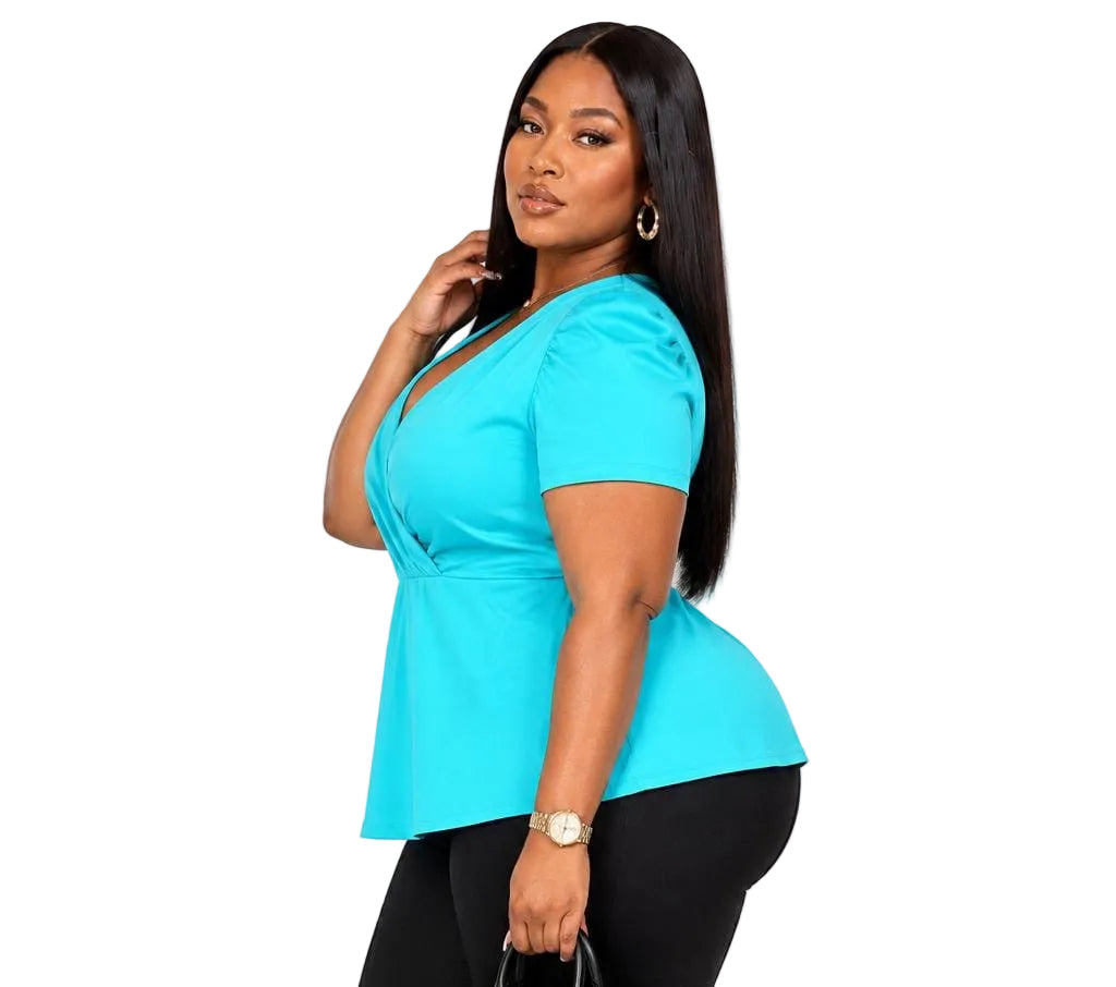 Turquoise Claire Plus Size Puff Sleeve Wrap Top