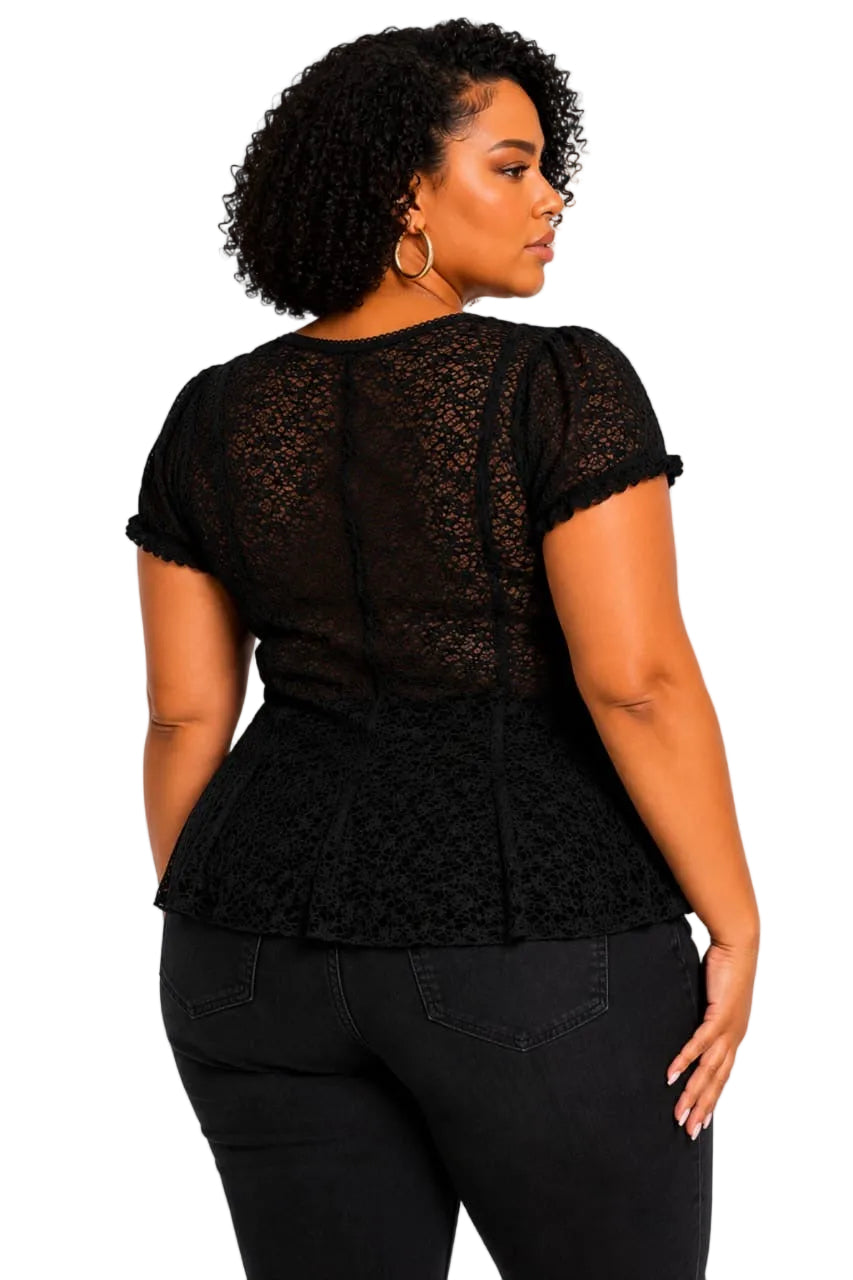 Black Lace Amelia Peplum Plus Size Top