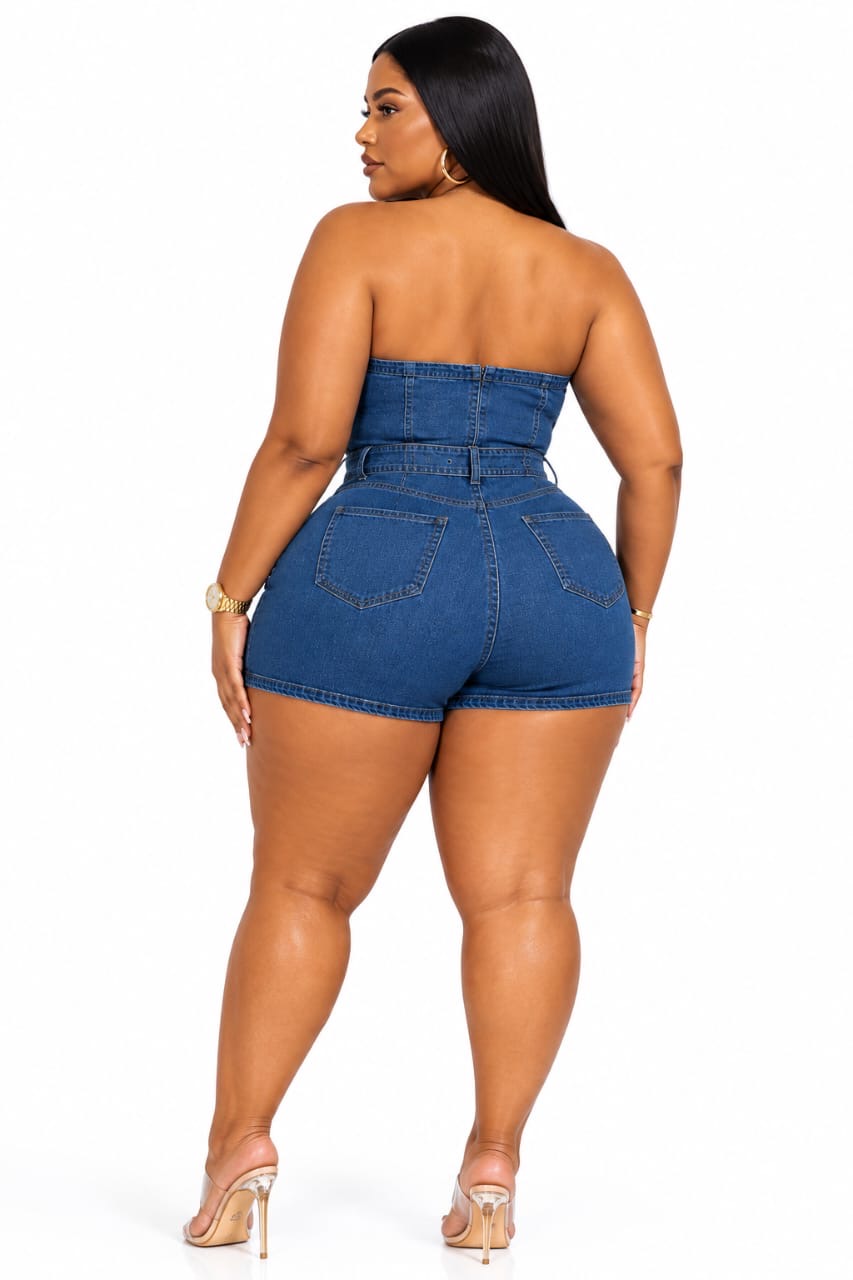 Blue Ember Plus Size Strapless Belted Denim Romper