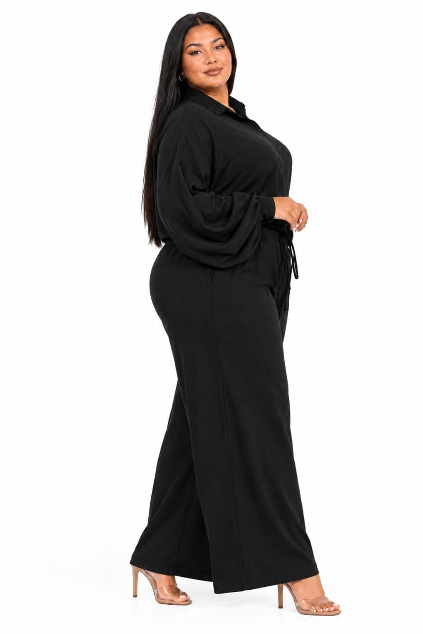 Black Aria Button-Up Top &amp; Wide-Leg Pants Set