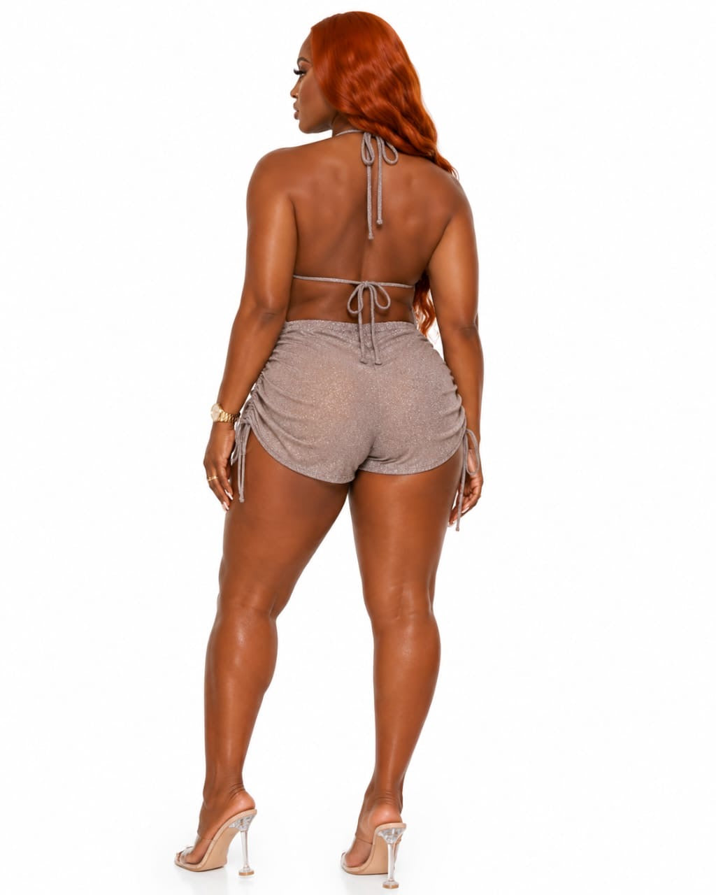 Taupe Daphne Sparkle Halter Crop Top &amp; Ruched Shorts Set