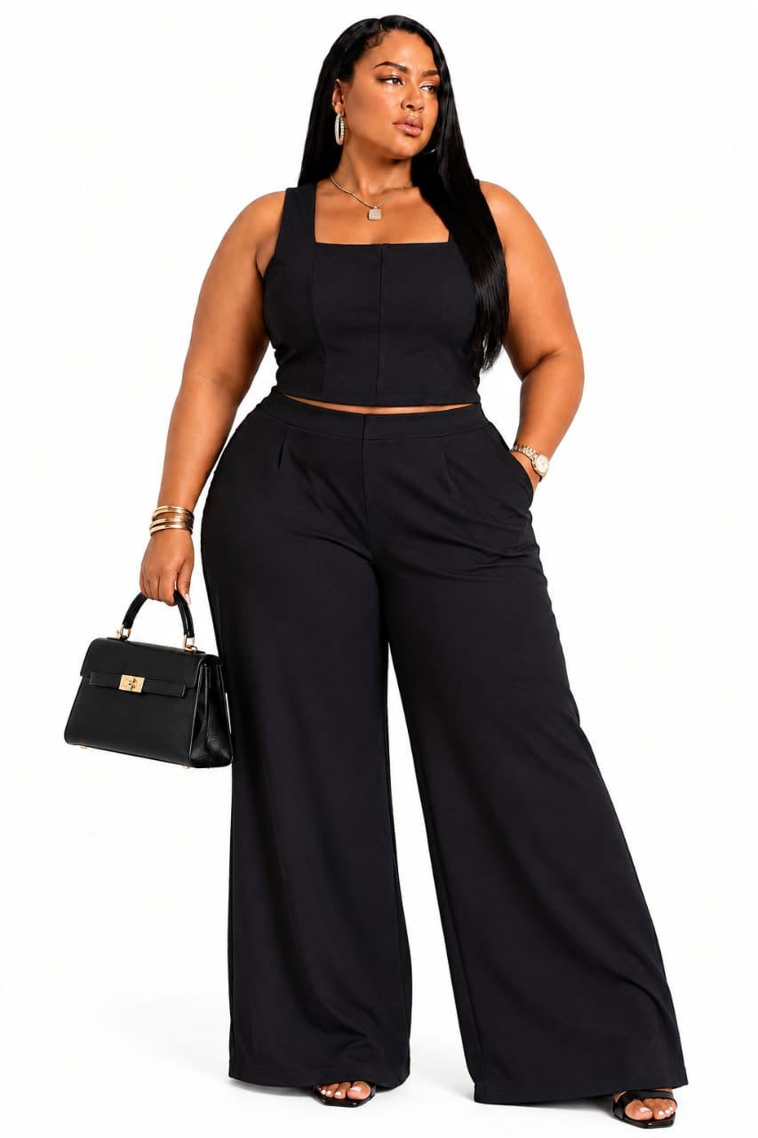 Black Lennon Plus Size Square Neck Crop Top &amp; Wide-Leg Pants Set