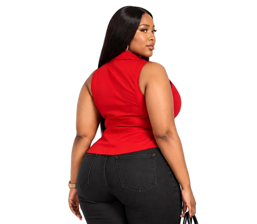 Red Casey Plus Size Ruched Sleeveless Button-Up Top