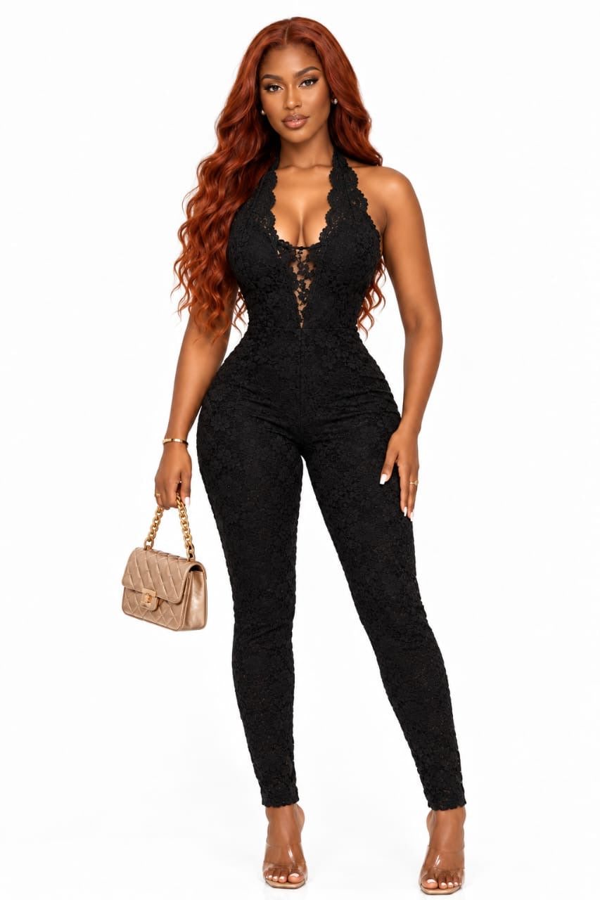 Black Teagan Lace Halter Jumpsuit