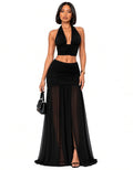 Black Felicity Halter Crop Top &amp; Sheer Maxi Skirt Set