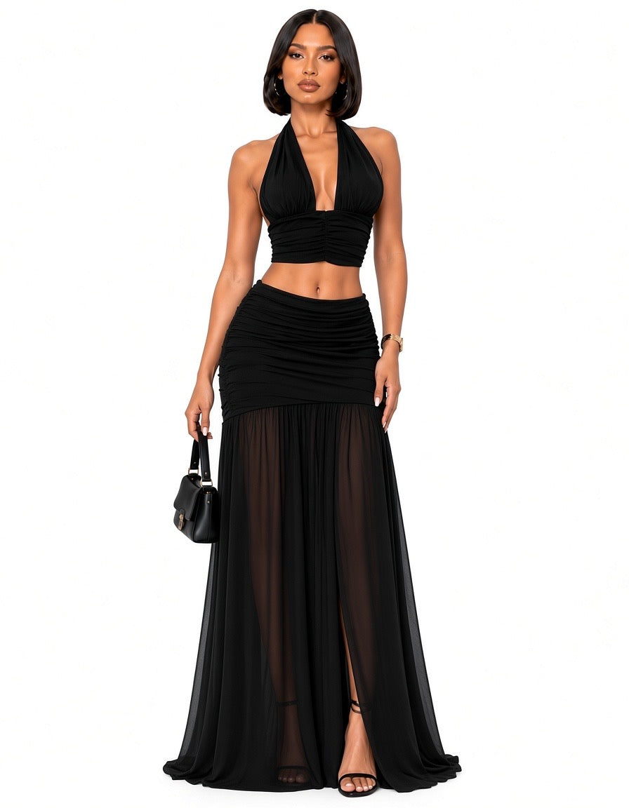 Black Felicity Halter Crop Top &amp; Sheer Maxi Skirt Set