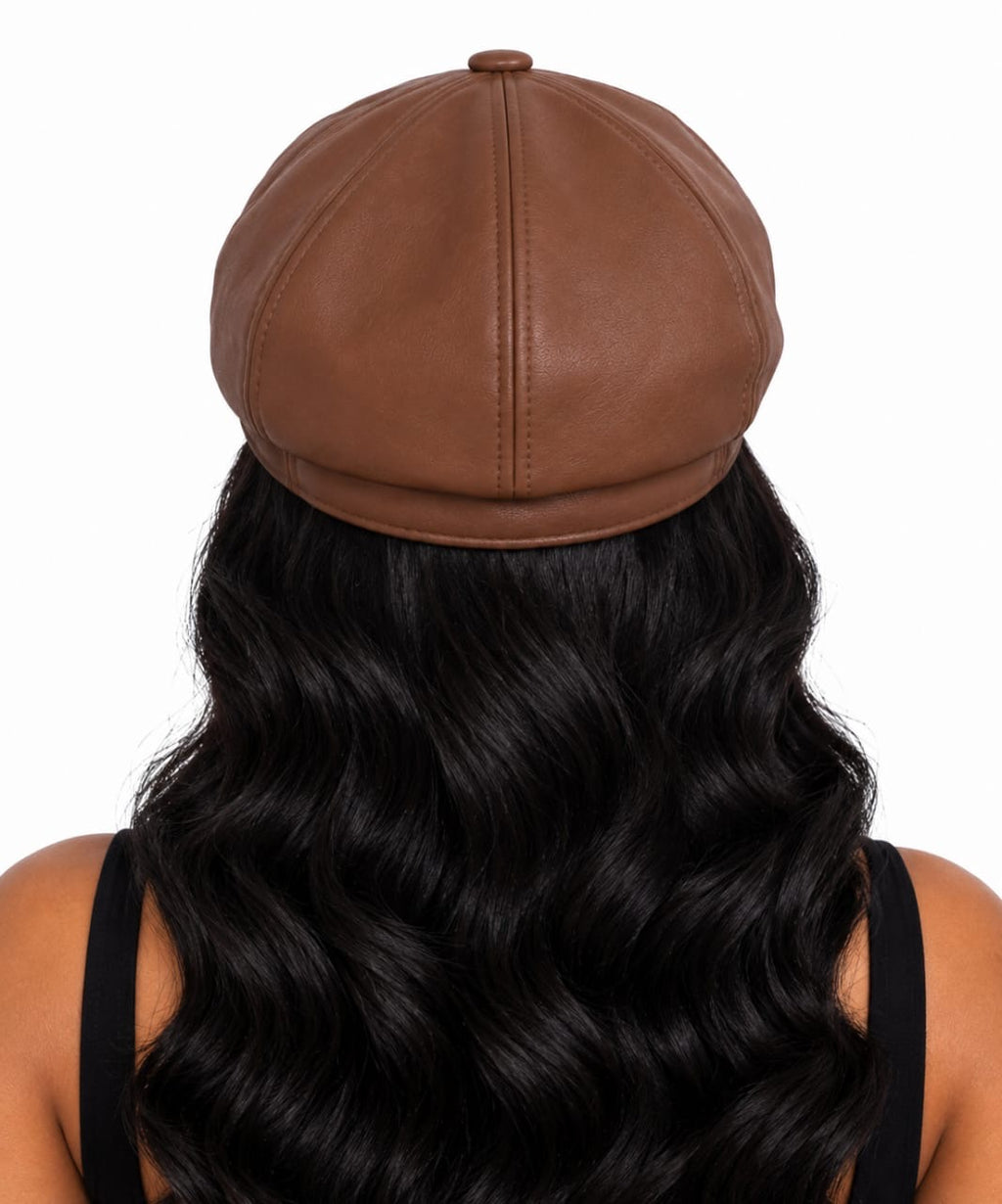 Brown Arielle Faux Leather Newsboy Hat