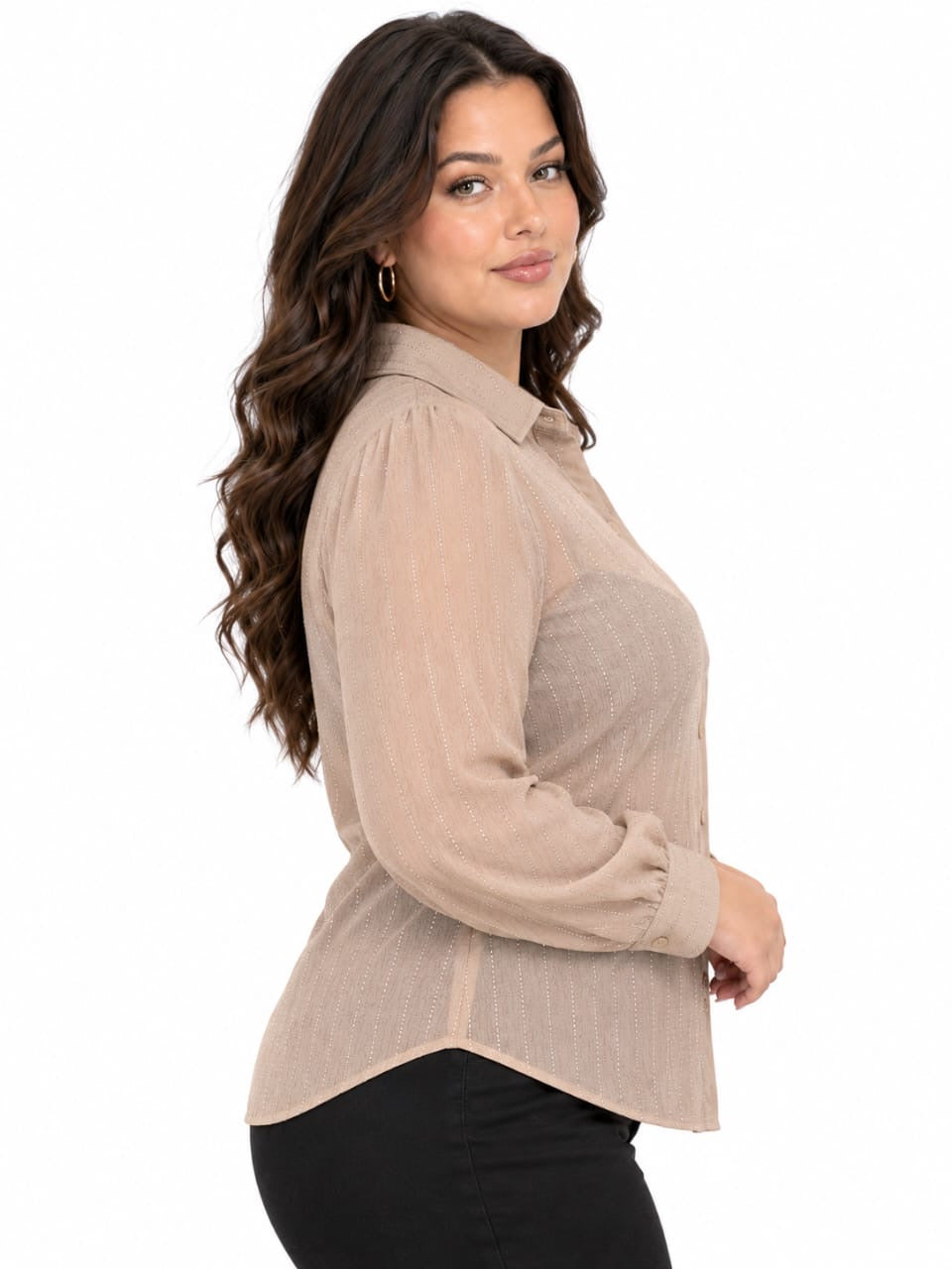 Taupe Cora Sheer Sparkle Button-Up Top