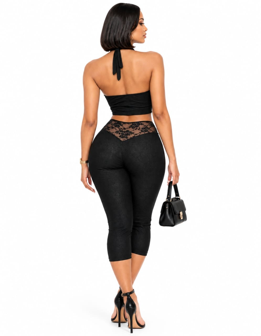 Black Tessa Cowl Halter Crop Top &amp; Lace-Waist Capri Pants Set