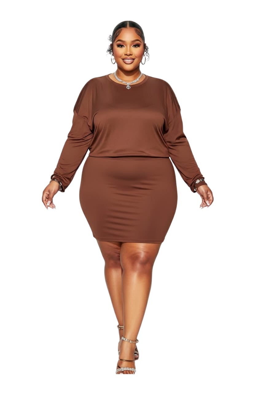 Chocolate Brown Camila Plus Size 2-Piece Long Sleeve Bodycon Set