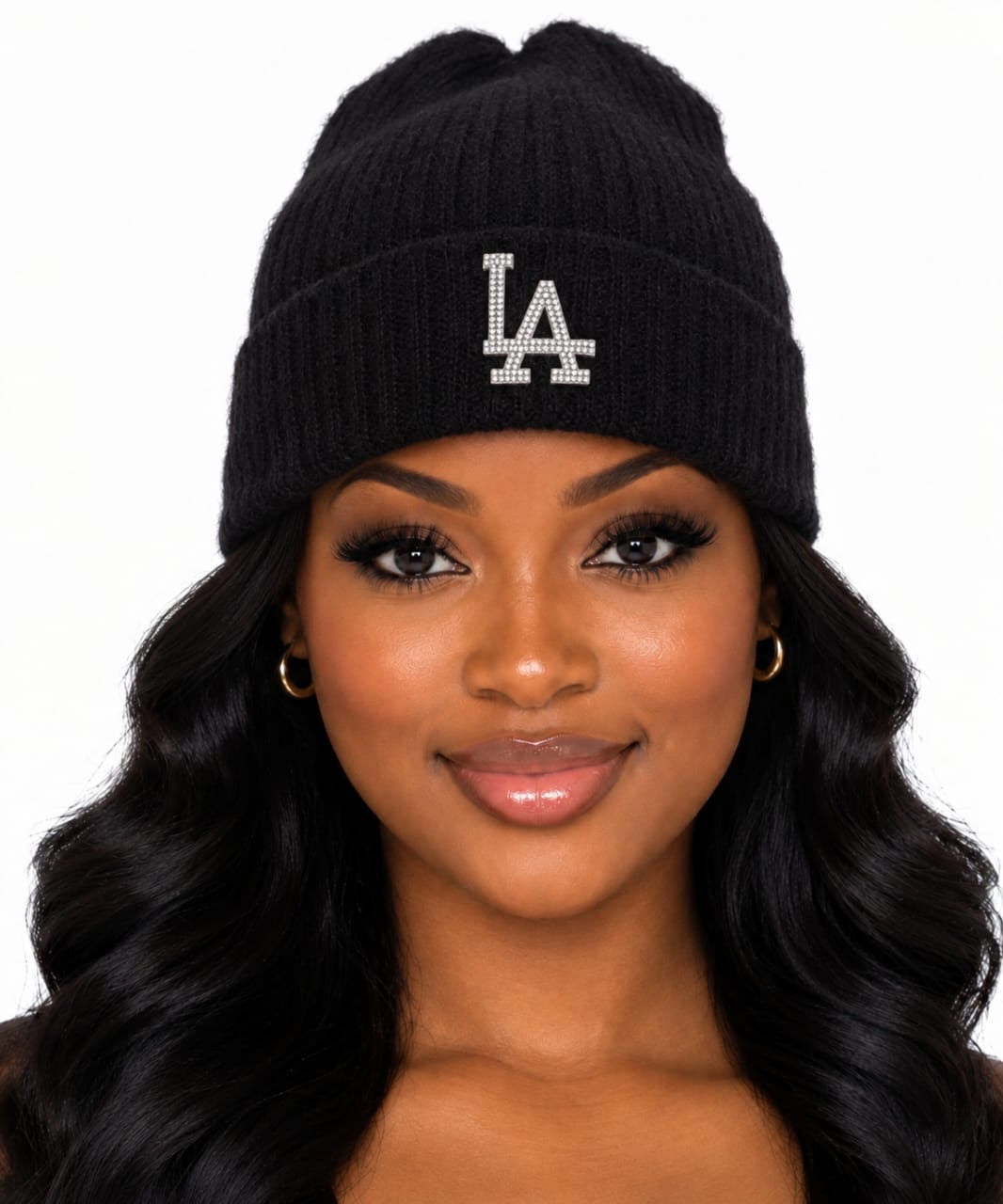 Black Annalise Rhinestone LA Beanie