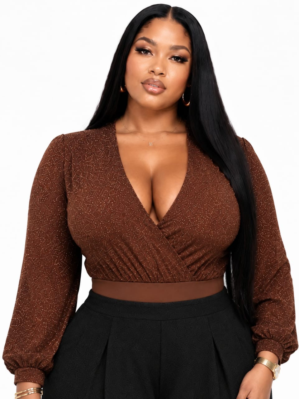 Mocha Ava Sheer Sparkle Long Sleeve Bodysuit