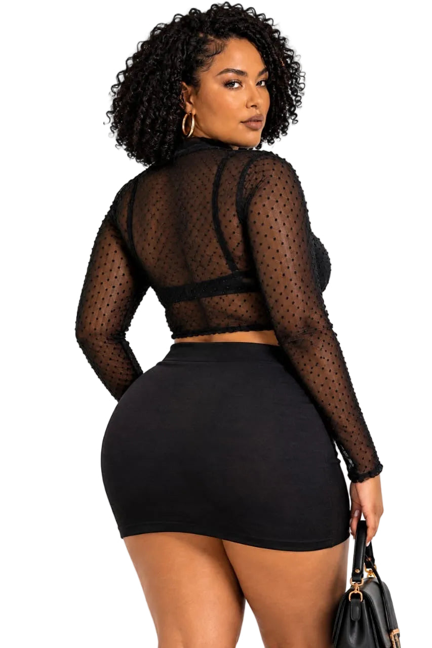 Black Morgan Plus Size Sheer Polka Dot Crop Top