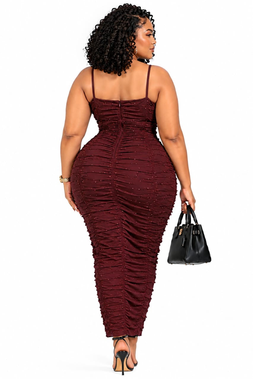 Dark Burgundy Lana Beaded Ruched Midi Dress