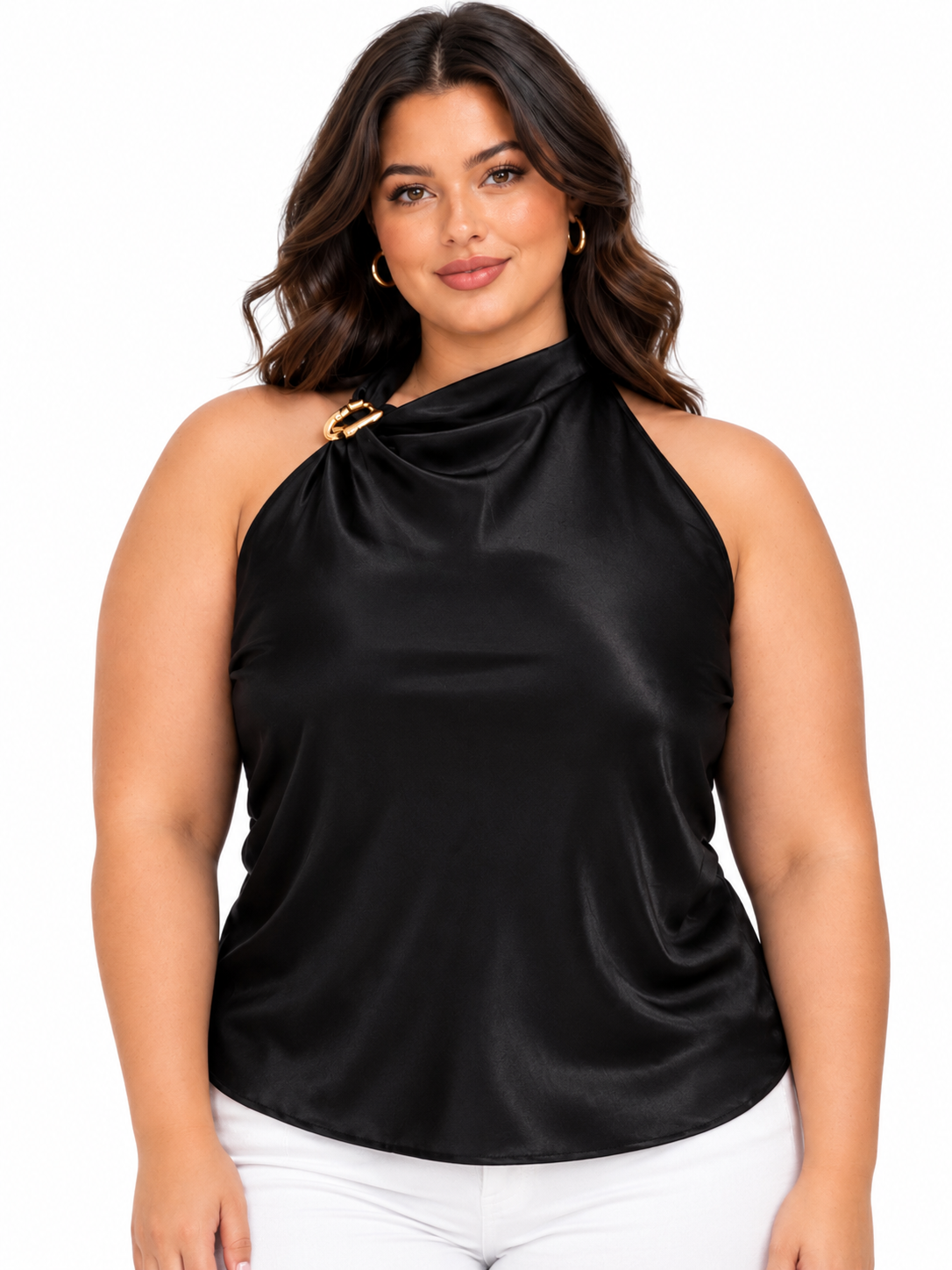 Black Satin Becca Plus Size Halter Top