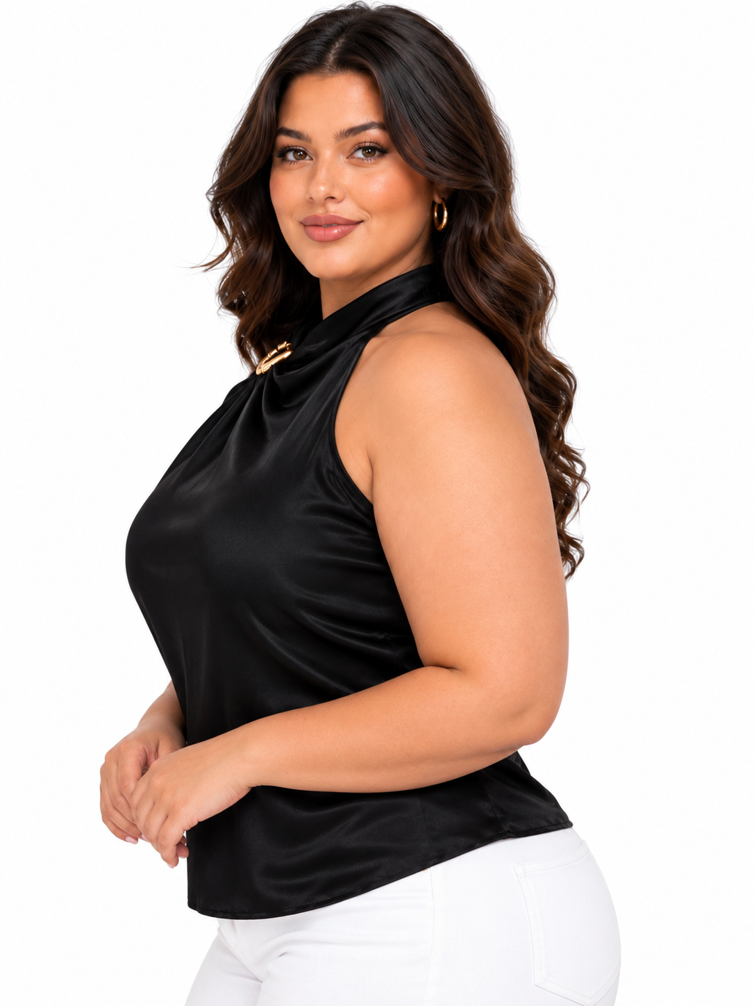Black Satin Becca Plus Size Halter Top