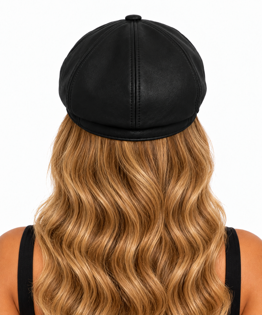 Black Arielle Faux Leather Newsboy Hat